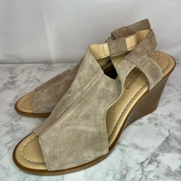 Sophia Milano Tan Suede Leather Sling Back Wedge Sandals Size 9 Made In Italy - Picture 1 of 6